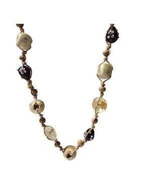 Handmade Macrame Beaded Necklace Painted Floral Glass Acrylic Beads Jewelry